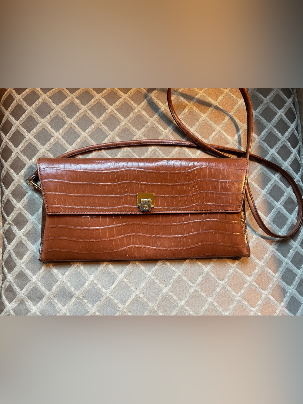 Vintage Etienne Aigner Brown Croc-Embossed Leather Crossbody Purse